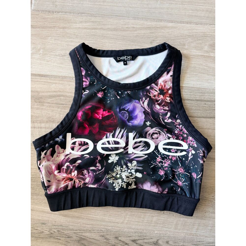 Bebe Sport Floral Sports Bra Medium Black Purple Dark Mood Graphic Crop Top
